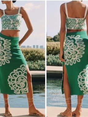Anthropologie Celandine Green and White Floral Knit Set